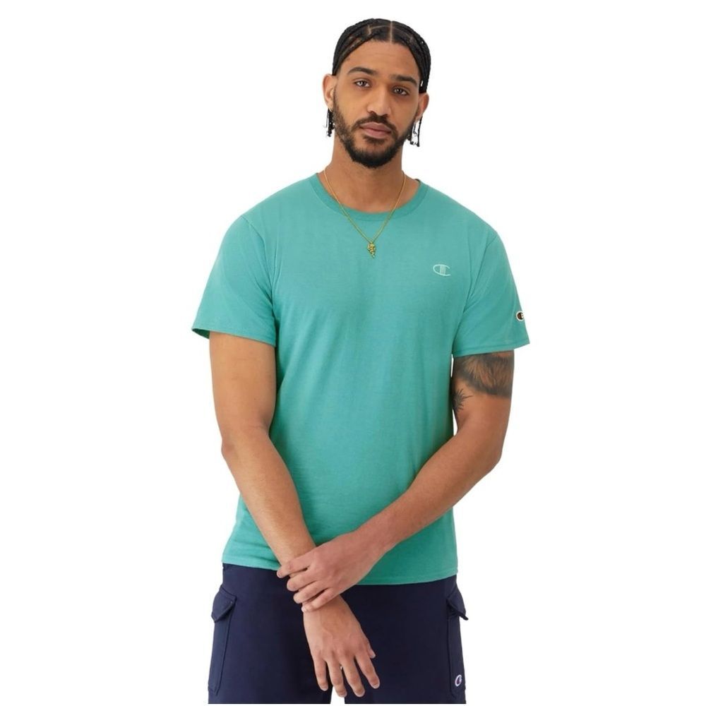NWT Champion Aqua T-Shirt with Logo Classic Casual Cotton Tee Teal Mint